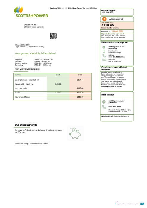 Download United Kingdom Scottish Power business utility bill Word and PDF template Photoshop template